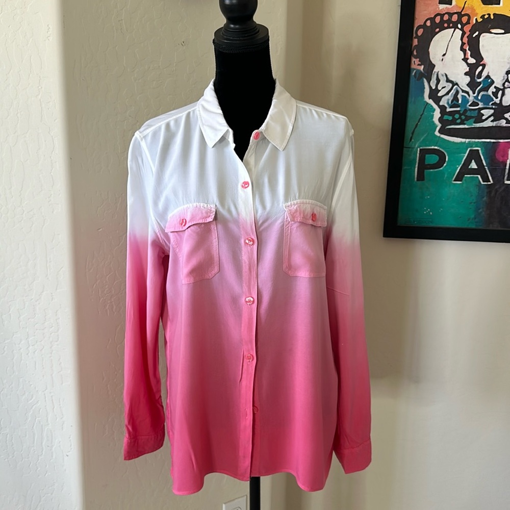 Super Cute Faded Glory Pink & White Ombre Button Down Shirt Size Large (12-14)